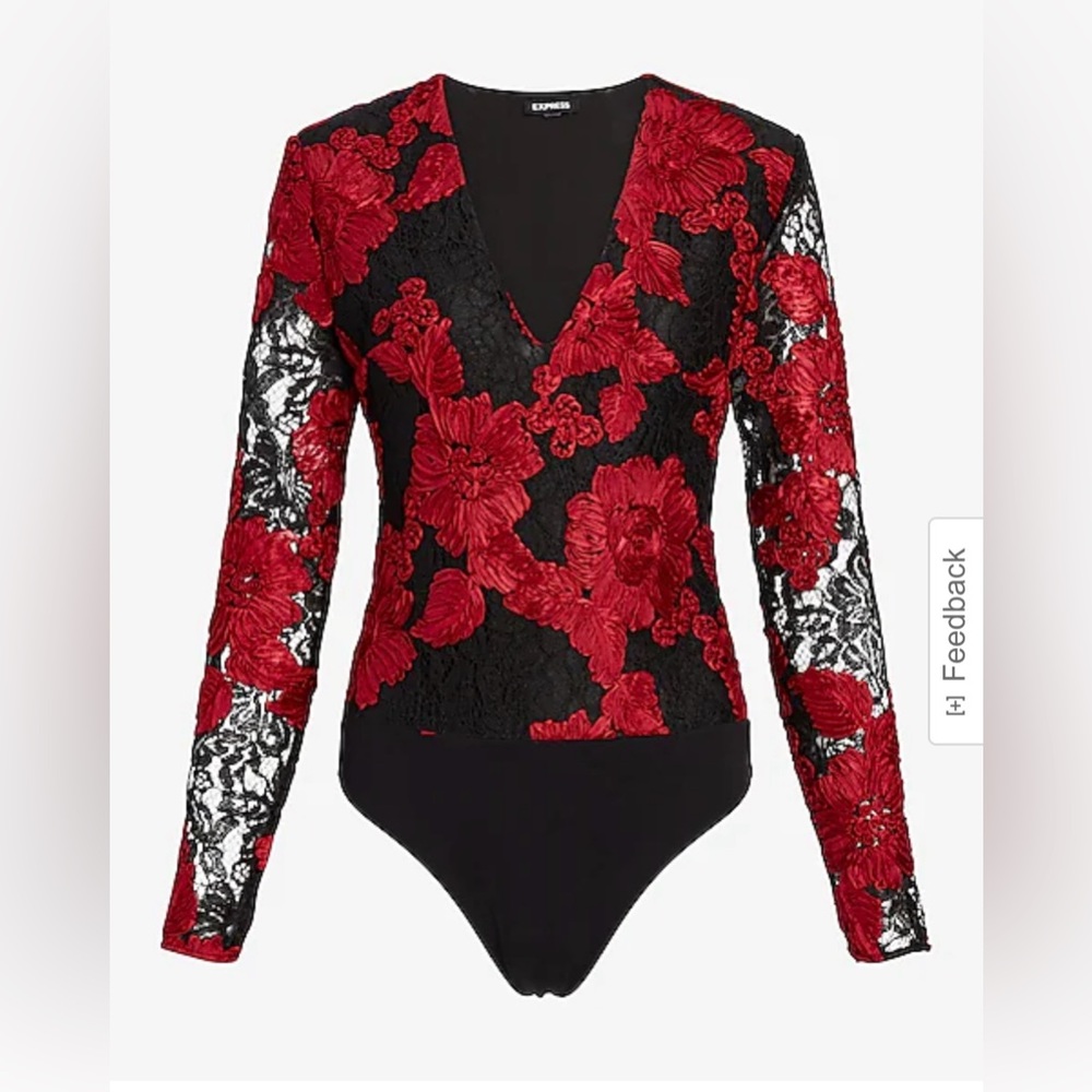 Express Lace Embroidered V-Neck Long Sleeve Thong Bodysuit size M